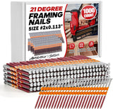 1000 Count 21 Degree Framing Nails, 2" x 0.113" Full Round Head, Ring Shank, Hot Dipped Galvanized, Plastic Collated Nails for 21° Round Head Framing Nail Guns