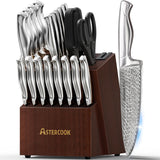 Knife Set, Astercook 21 Pieces Kitchen Knife Set with Built-in Sharpener, German Stainless Steel Knife Block Set, Razor-Sharp Knives with Full-tang Handle, Dishwasher Safe Kitchen Utensils Set