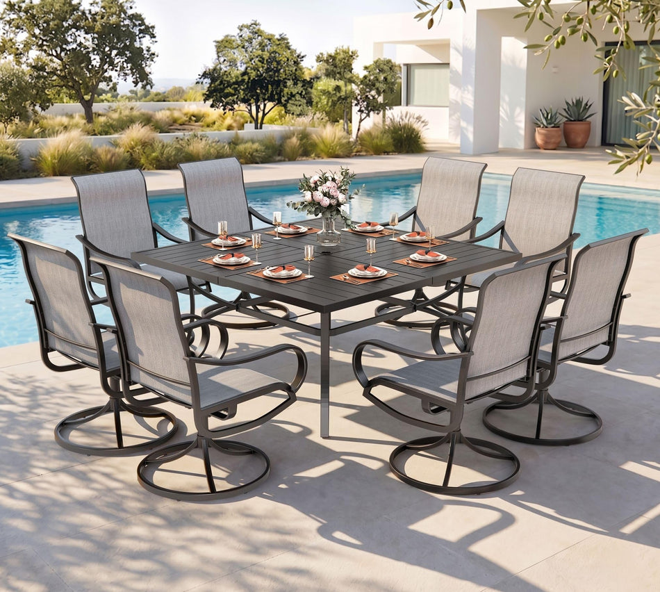 PHI VILLA 9 Piece Outdoor Dining Set, 82'' Metal Table & Grey Swivel Chairs
