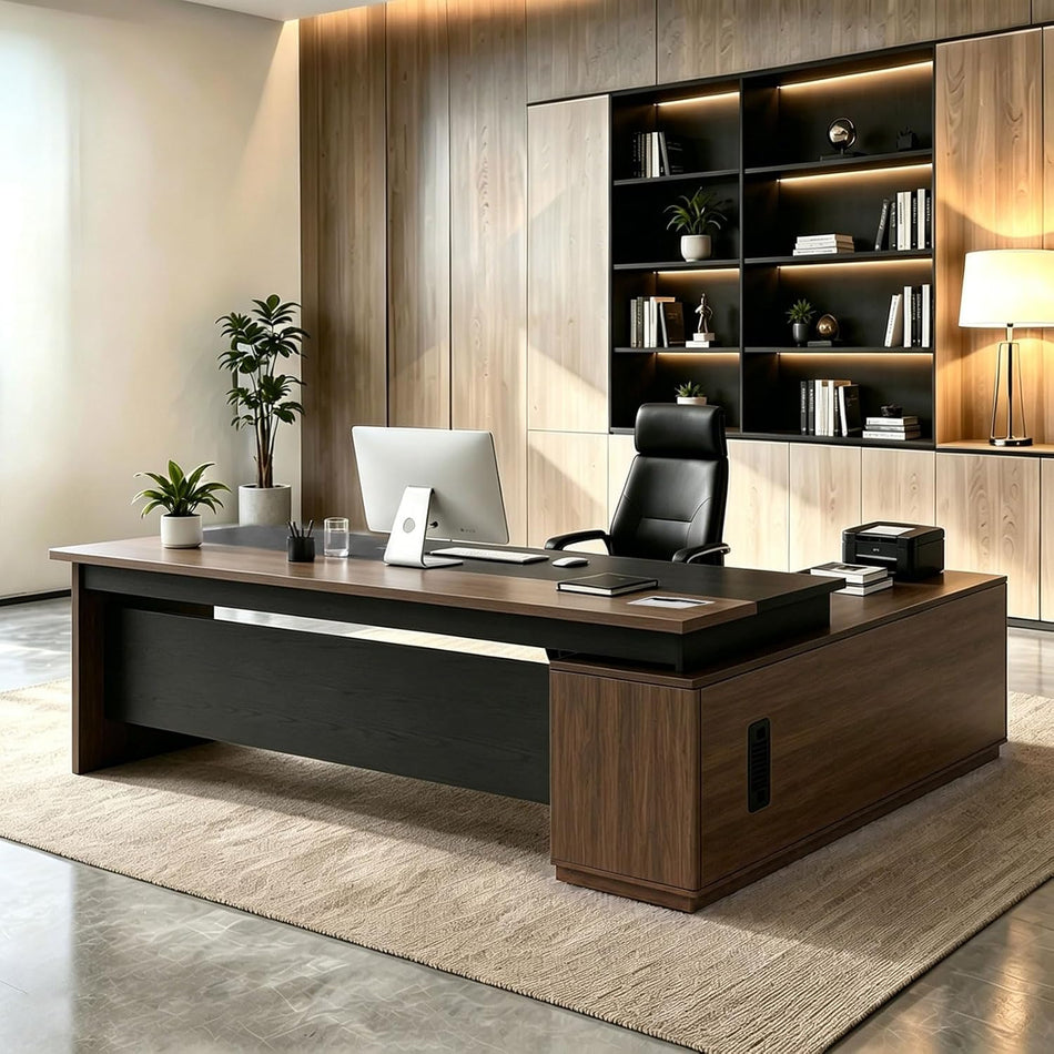 L Shaped Executive Desk with Drawers, Large Wood Workstation, Modern Executive Office Furniture for Home Office and Business Workspace, Multiple Sizes & Colors