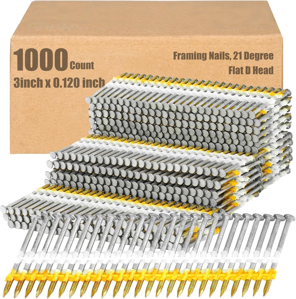 Therwen 1000 Count 3 Inch x 0.120 Inch Framing Nails, 21 Degree
