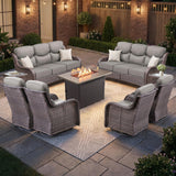Luxury Swivel Rocker Chairs Fire Pit Set with 6" Thick Cushion 10 piece Wicker Outdoor Patio Chair with Sofa and Ottoman,Comfortable High Back Outdoor Patio Furniture Set - Brown | Gray