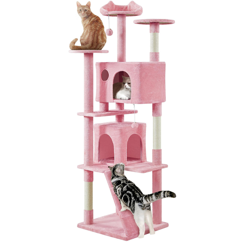 Yaheetech 54in Cat Tree, Multi-Level Cat Tower with Spacious Kitten-ear Perch, 2 Cozy Caves, Scratching Posts, Climbing Ladder, 2 Plush Balls, Durable Pet House Furniture for Indoor Kittens, Dark Gray