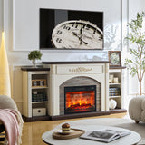 80" Fireplace TV Stand with Mantel, Navy Blue Entertainment Center with Brown Wood-Look Top & Gold Carved Accents, 30" Electric Fireplace Insert with Red Brick Interior, Fits up to 90" TVs