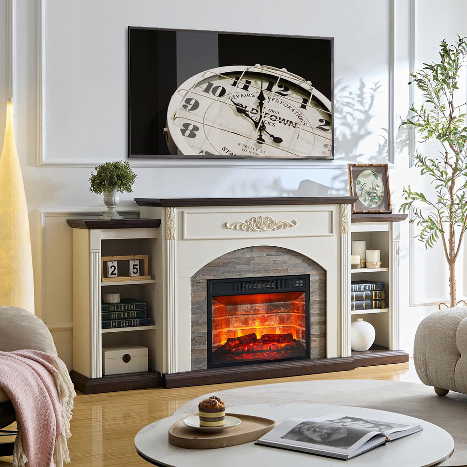 80" Fireplace TV Stand with Mantel, Navy Blue Entertainment Center with Brown Wood-Look Top & Gold Carved Accents, 30" Electric Fireplace Insert with Red Brick Interior, Fits up to 90" TVs