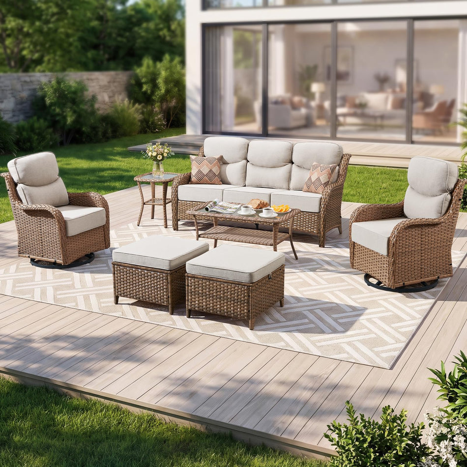 Luxury Swivel Rocker Chairs Fire Pit Set with 6" Thick Cushion 10 piece Wicker Outdoor Patio Chair with Sofa and Ottoman,Comfortable High Back Outdoor Patio Furniture Set - Brown | Gray
