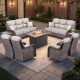 Luxury Swivel Rocker Chairs Fire Pit Set with 6" Thick Cushion 10 piece Wicker Outdoor Patio Chair with Sofa and Ottoman,Comfortable High Back Outdoor Patio Furniture Set - Brown | Gray