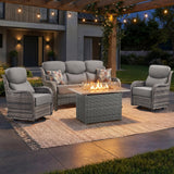 Luxury Swivel Rocker Chairs Fire Pit Set with 6" Thick Cushion 10 piece Wicker Outdoor Patio Chair with Sofa and Ottoman,Comfortable High Back Outdoor Patio Furniture Set - Brown | Gray