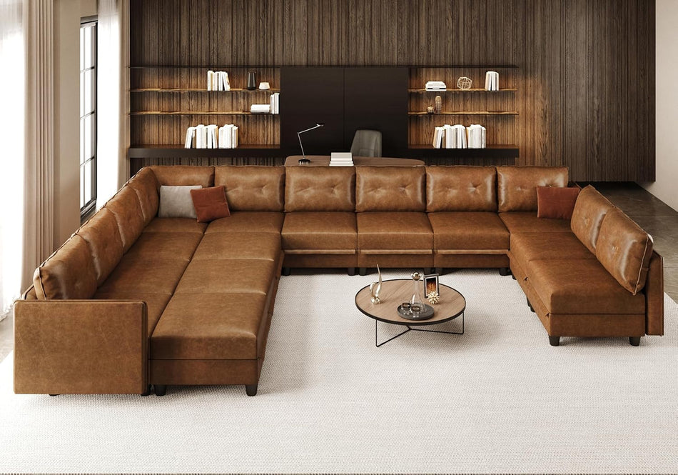 LLappuil Brown Leather Modular Sofa Sectional Couch with Storage