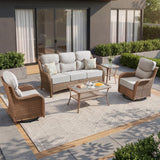 Luxury Swivel Rocker Chairs Fire Pit Set with 6" Thick Cushion 10 piece Wicker Outdoor Patio Chair with Sofa and Ottoman,Comfortable High Back Outdoor Patio Furniture Set - Brown | Gray