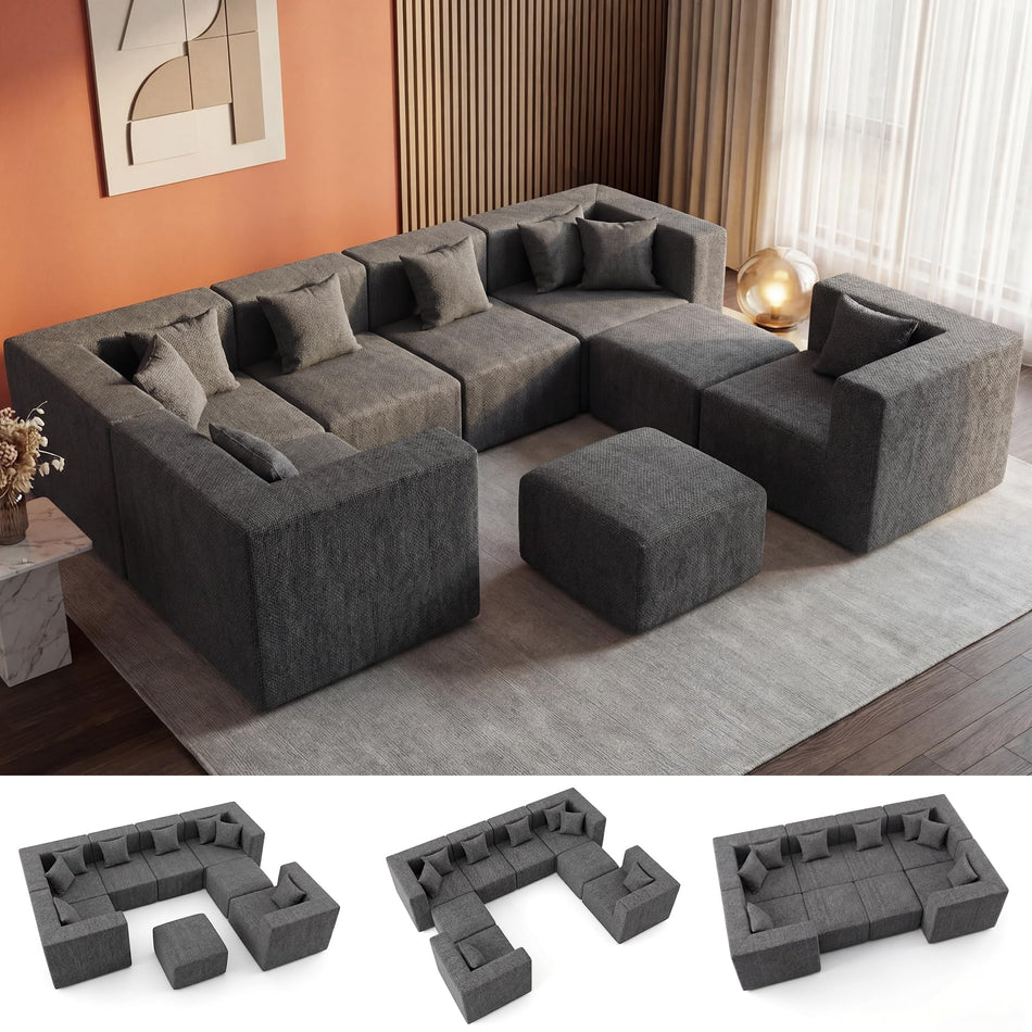 MONVANE Modular Sectional Cloud Couch for Living Room - 130'' 6 Seater Convertible Chenille Couches Set with Ottoman, No Assembly Compression Sofas, Comfy Floor Sofa with Memory Foam, Grey