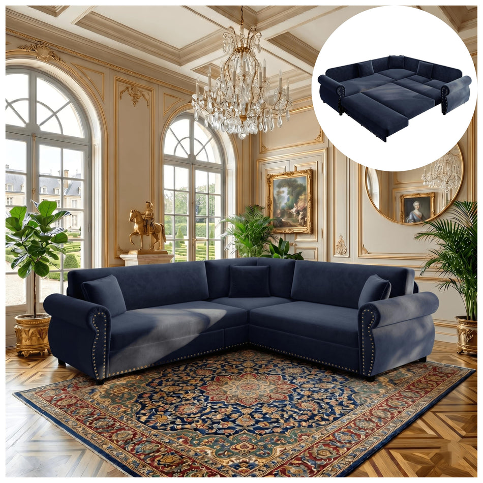 88" Sectional Couches for Living Room, 5-Seater Sofa Bed Chenille Pull Out Sofa Bed, Chesterfield L Shaped Sleeper Sofa, Oversized Pull Out Couch with Nailhead Trim King Size Sectional Sofa, DarkGray