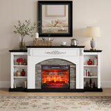 80" Fireplace TV Stand with Mantel, Navy Blue Entertainment Center with Brown Wood-Look Top & Gold Carved Accents, 30" Electric Fireplace Insert with Red Brick Interior, Fits up to 90" TVs