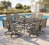 PHI VILLA 9 Piece Outdoor Dining Set, 82'' Metal Table & Grey Swivel Chairs
