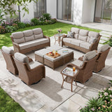 Luxury Swivel Rocker Chairs Fire Pit Set with 6" Thick Cushion 10 piece Wicker Outdoor Patio Chair with Sofa and Ottoman,Comfortable High Back Outdoor Patio Furniture Set - Brown | Gray