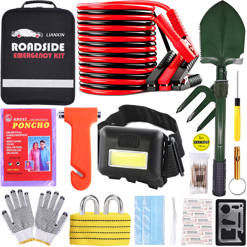 142 PCS Emergency Roadside Kit for Car ,Safety Car Kit with Jumper Cables