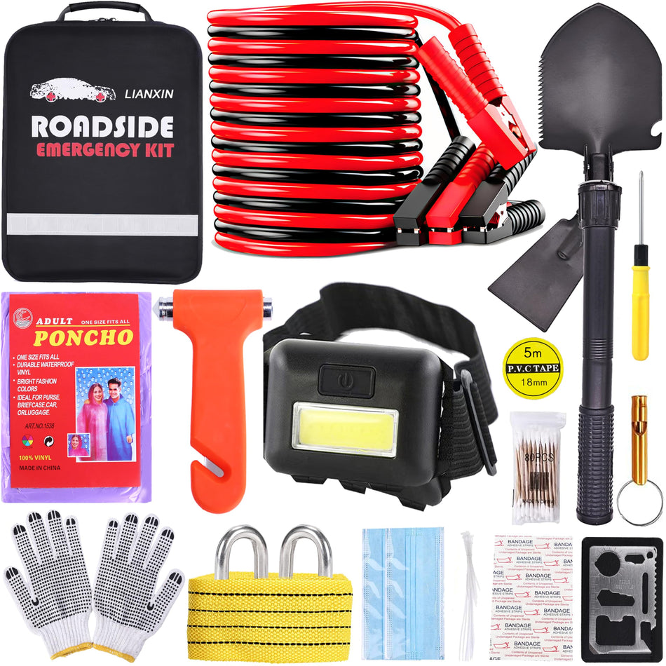 142 PCS Emergency Roadside Kit for Car ,Safety Car Kit with Jumper Cables