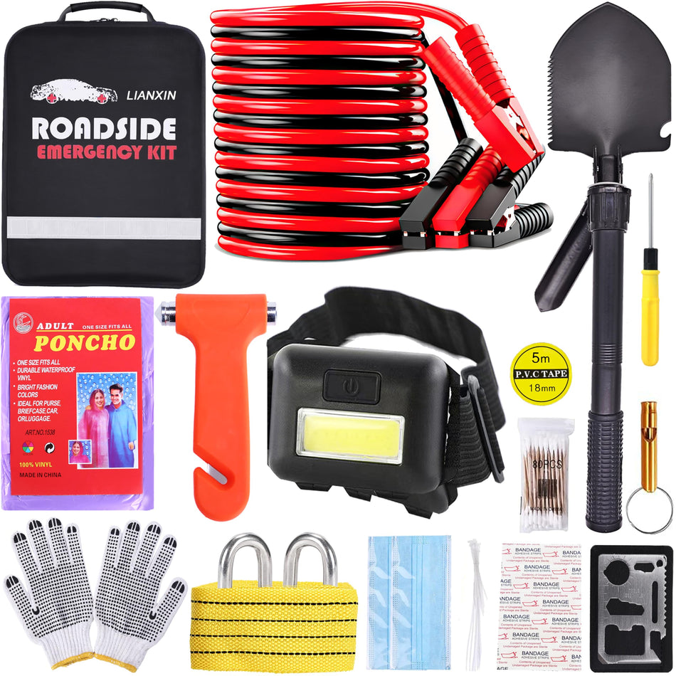 142 PCS Emergency Roadside Kit for Car ,Safety Car Kit with Jumper Cables