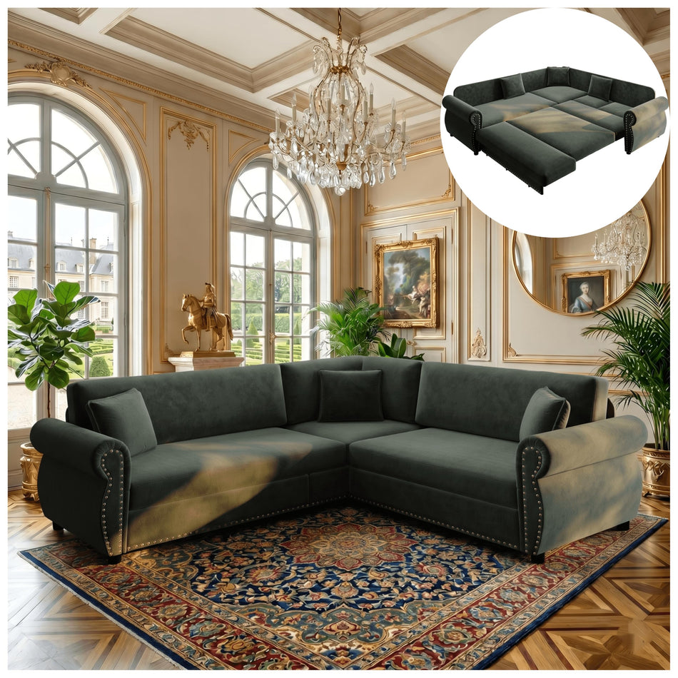 88" Sectional Couches for Living Room, 5-Seater Sofa Bed Chenille Pull Out Sofa Bed, Chesterfield L Shaped Sleeper Sofa, Oversized Pull Out Couch with Nailhead Trim King Size Sectional Sofa, DarkGray
