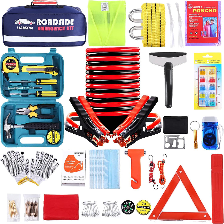 142 PCS Emergency Roadside Kit for Car ,Safety Car Kit with Jumper Cables