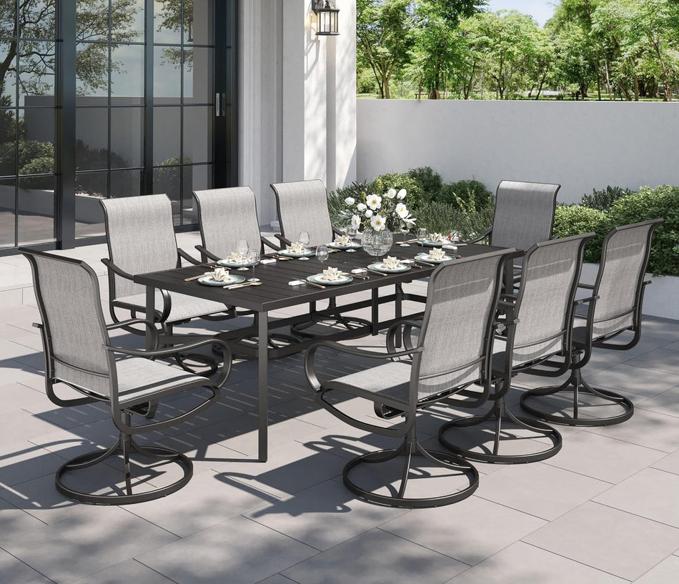 PHI VILLA 9 Piece Outdoor Dining Set, 82'' Metal Table & Grey Swivel Chairs