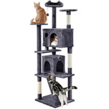 Yaheetech 54in Cat Tree, Multi-Level Cat Tower with Spacious Kitten-ear Perch, 2 Cozy Caves, Scratching Posts, Climbing Ladder, 2 Plush Balls, Durable Pet House Furniture for Indoor Kittens, Dark Gray