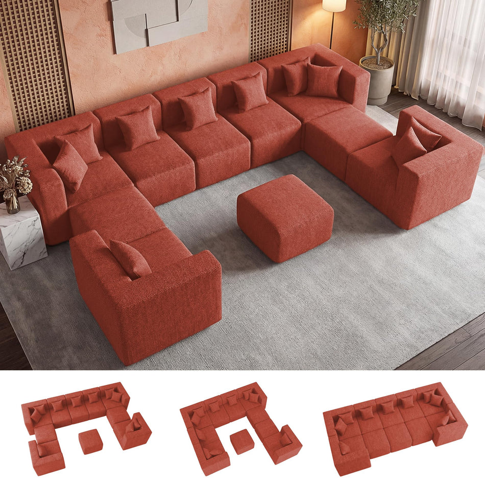 MONVANE Modular Sectional Cloud Couch for Living Room - 130'' 6 Seater Convertible Chenille Couches Set with Ottoman, No Assembly Compression Sofas, Comfy Floor Sofa with Memory Foam, Grey
