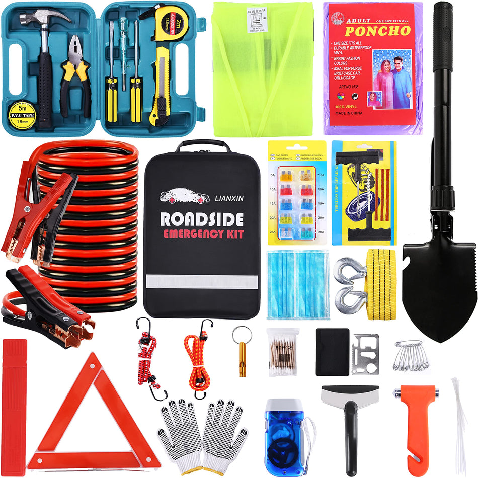 142 PCS Emergency Roadside Kit for Car ,Safety Car Kit with Jumper Cables
