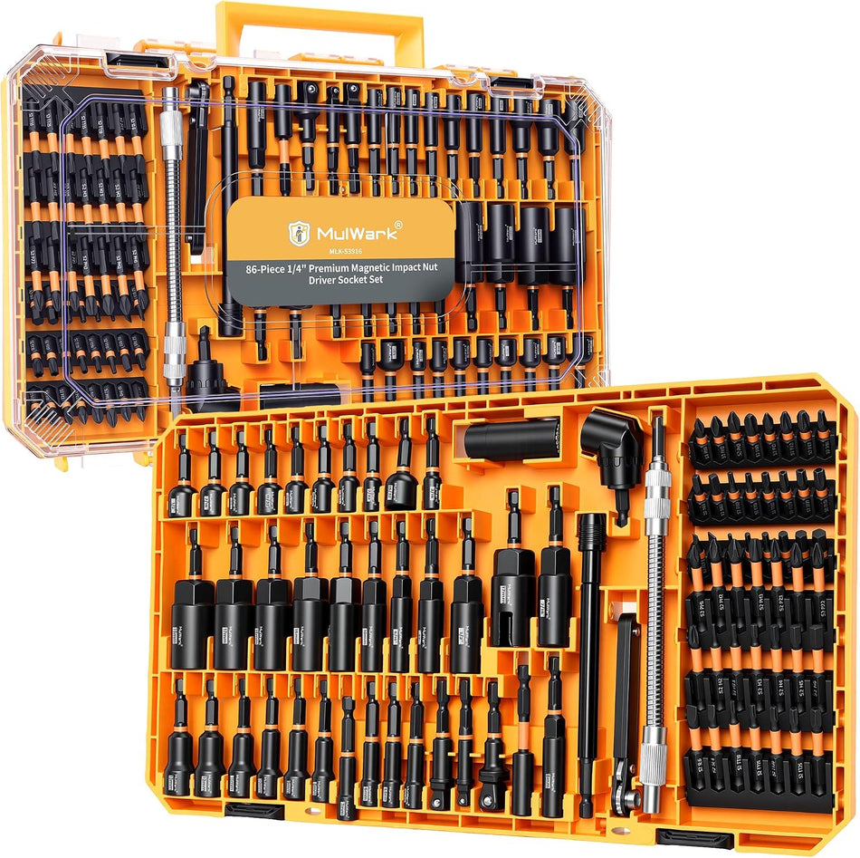 Mulwark 86PC Magnetic Nut Driver Set & Impact Driver Bit Set, 1/4" Metric & SAE Sockets, Nut Driver Set Power Bits, Adapters, Extensions, Universal Socket, Wing Nut Driver & Bit Holder for Automotive