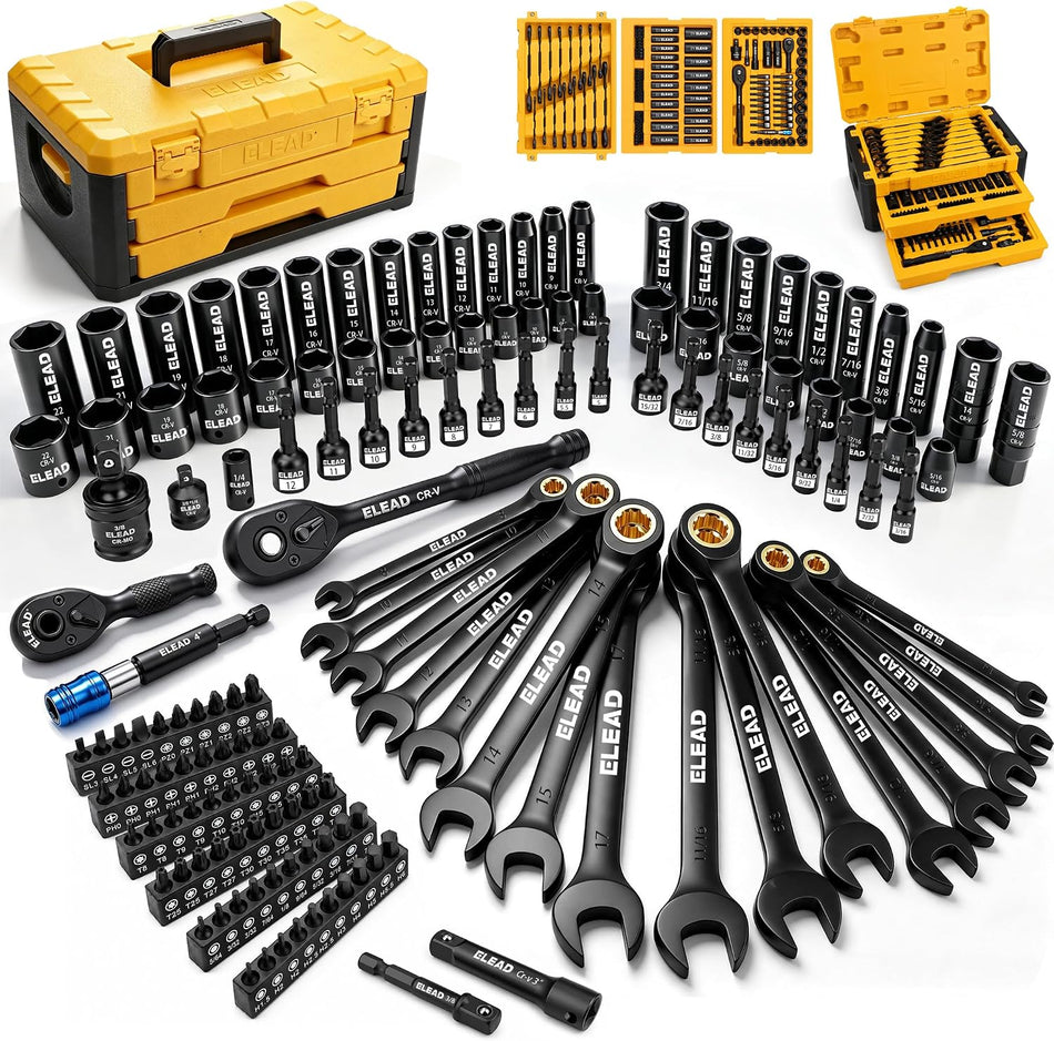 ELEAD 148-Piece Mechanics Tool Set, SAE/Metric 1/4" & 3/8" Drive Socket Set, Magnetic Nut Drivers, Ratcheting Wrenches, Extensions & Adapters, Quick-Release Ratchet, Mechanics Tool for Car Repair