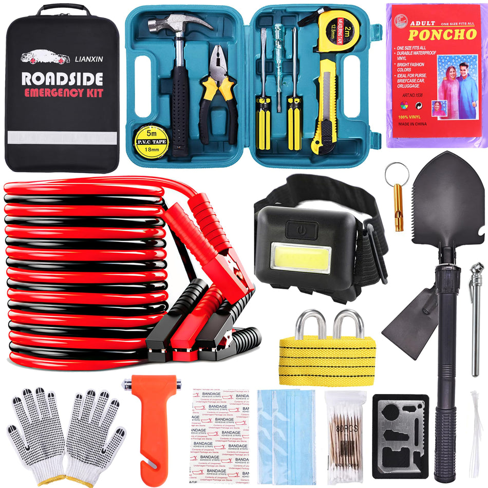 142 PCS Emergency Roadside Kit for Car ,Safety Car Kit with Jumper Cables