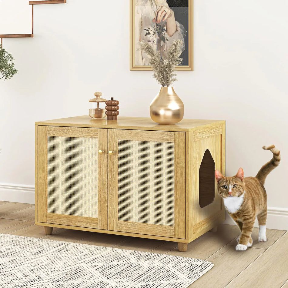 COSLIANA Cat Litter Box Enclosure Rattan Litter Box Hidden Furniture Indoor Cat House Wooden Cat Washroom Furniture Oak