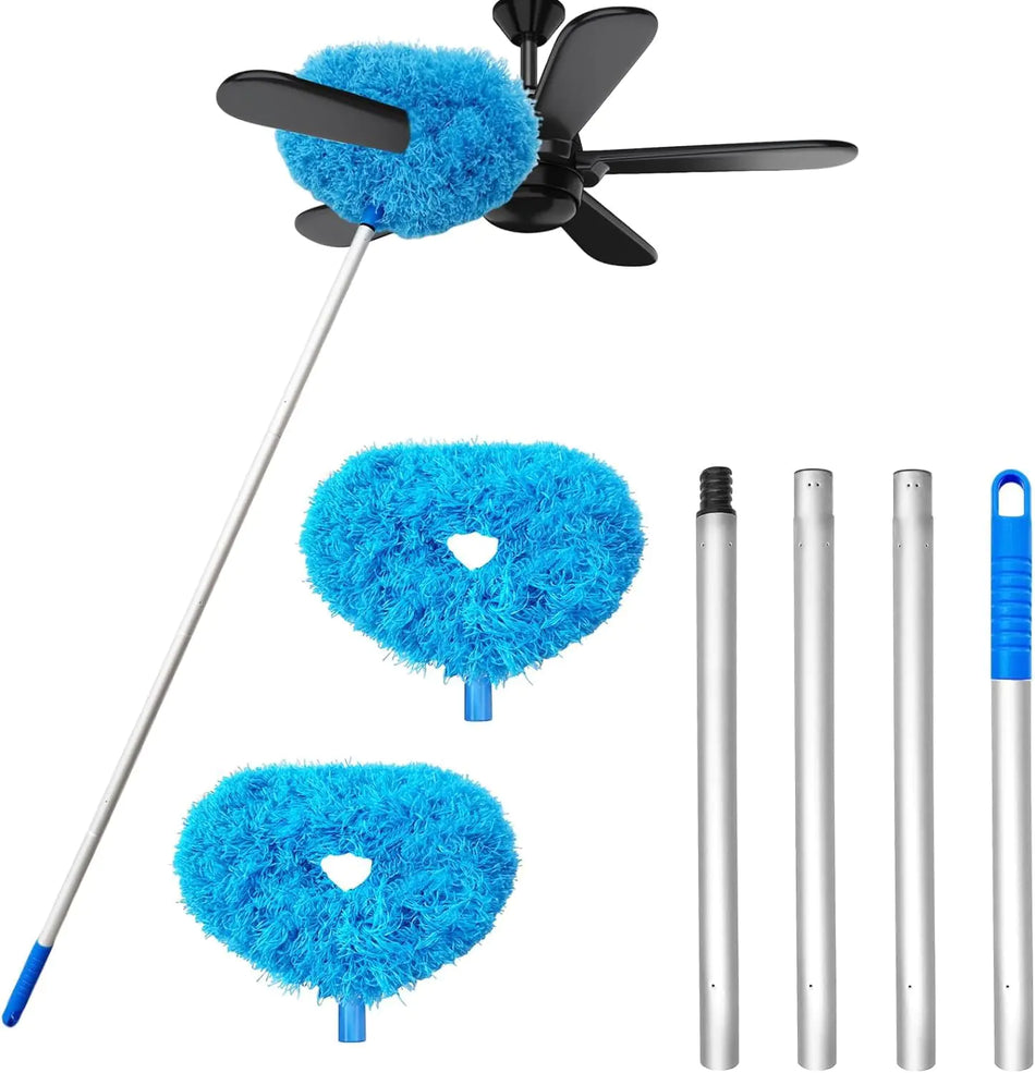 Washable Ceiling Fan Cleaner Microfiber Duster with Telescopic Extension Rod Suitable for Cleaning High Ceiling Fans Furniture Blinds Cars (Blue)