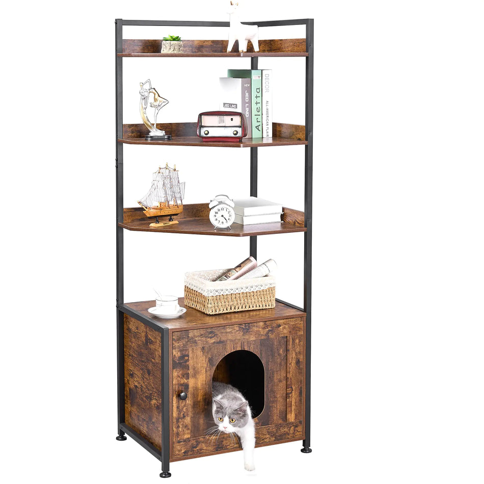 BEWISHOME Cat Litter Box Enclosure Furniture Hidden Litter Box Furniture for Living Room Large Cat Furniture with 4 Tier Shelves and Door Rusitc Brown CMW06Z
