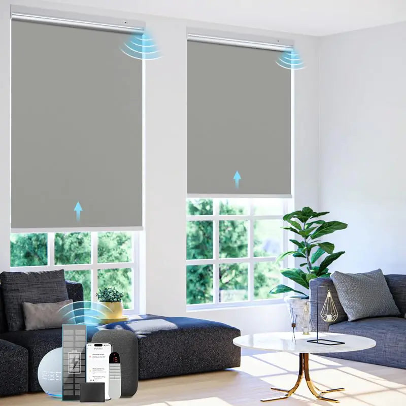 Motorized Roller Blinds with Remote Control【Solar Panel Included】 100% Blackout Smart Blinds Automatic Blinds for Windows Cordless Electric Shades Compatible with Alexa Tin Grey32" W*72" H