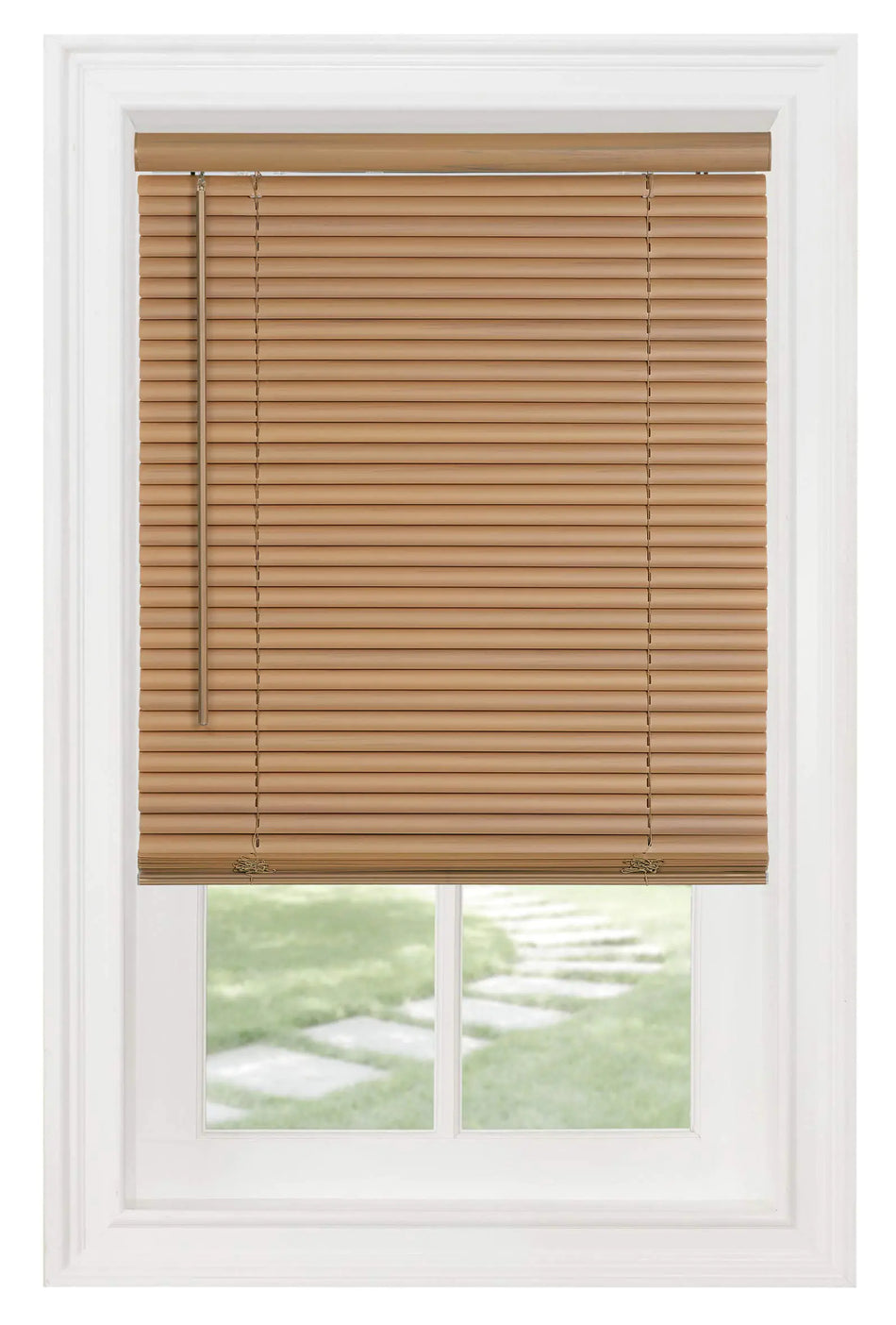 PowerSellerUSA 1" Slats Cordless Window Blinds 72L x 36W Inches Solid Pattern Light Filtering Vinyl Indoor-Outside Ceiling Mount Mini Blind Manual Cordless Rollup Window Privacy Blinds Woodtone