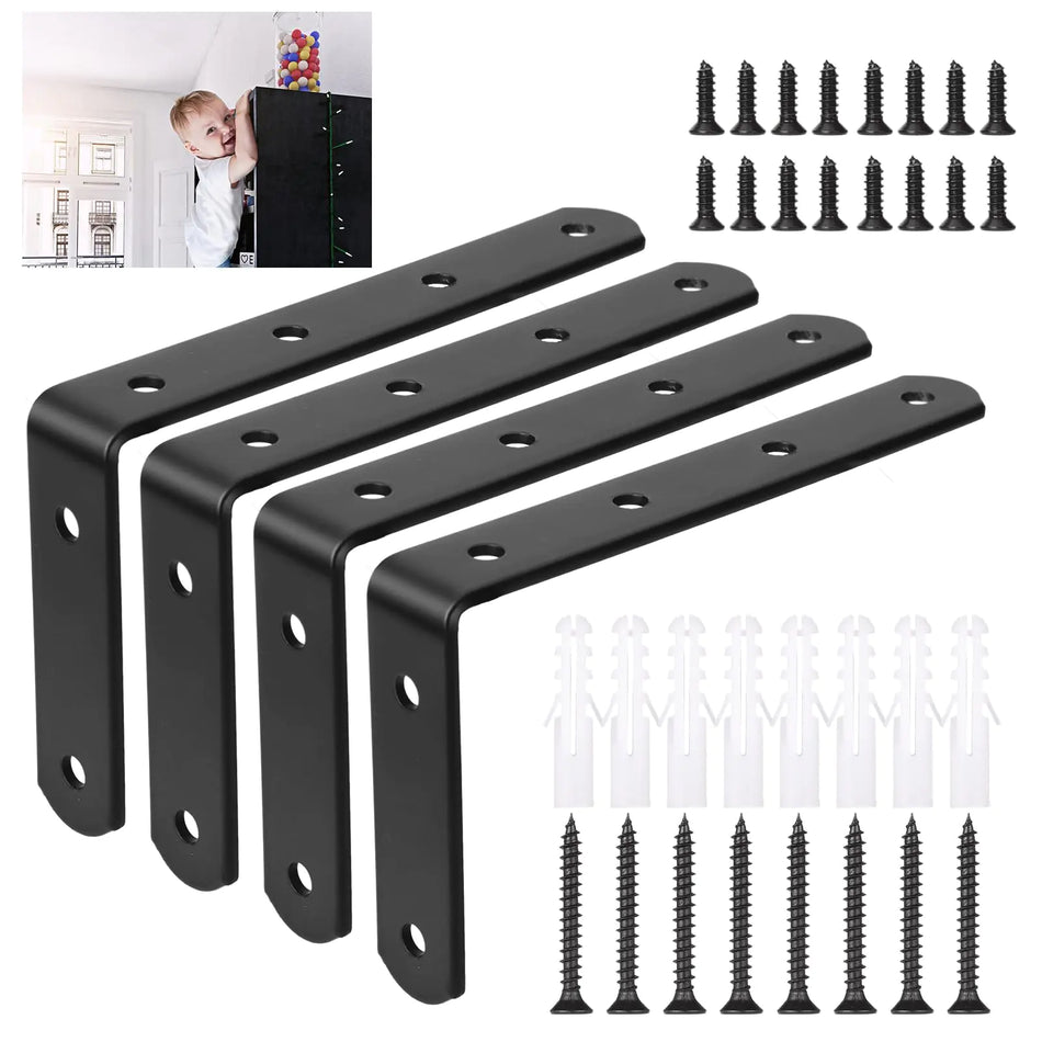 4pcs Furniture Anchors for Baby Proofing Metal Baby Furniture Anchor Bracket Anti Tip Black Furniture Mounts Baby Proof L-shaped Furniture Wall Anchor for Large Furniture