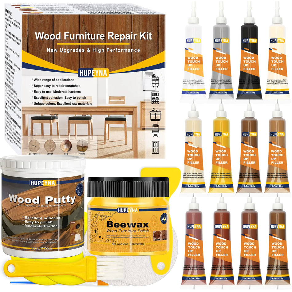 Hupeyna Wood Furniture Repair Kit 21 Pcs Touch Up Wood Putty Wood Fillers and Beeswax - Repair Cracks Scratch Hole Discoloration for Wooden Floor Door Laminate Table Cabinet Surfaces