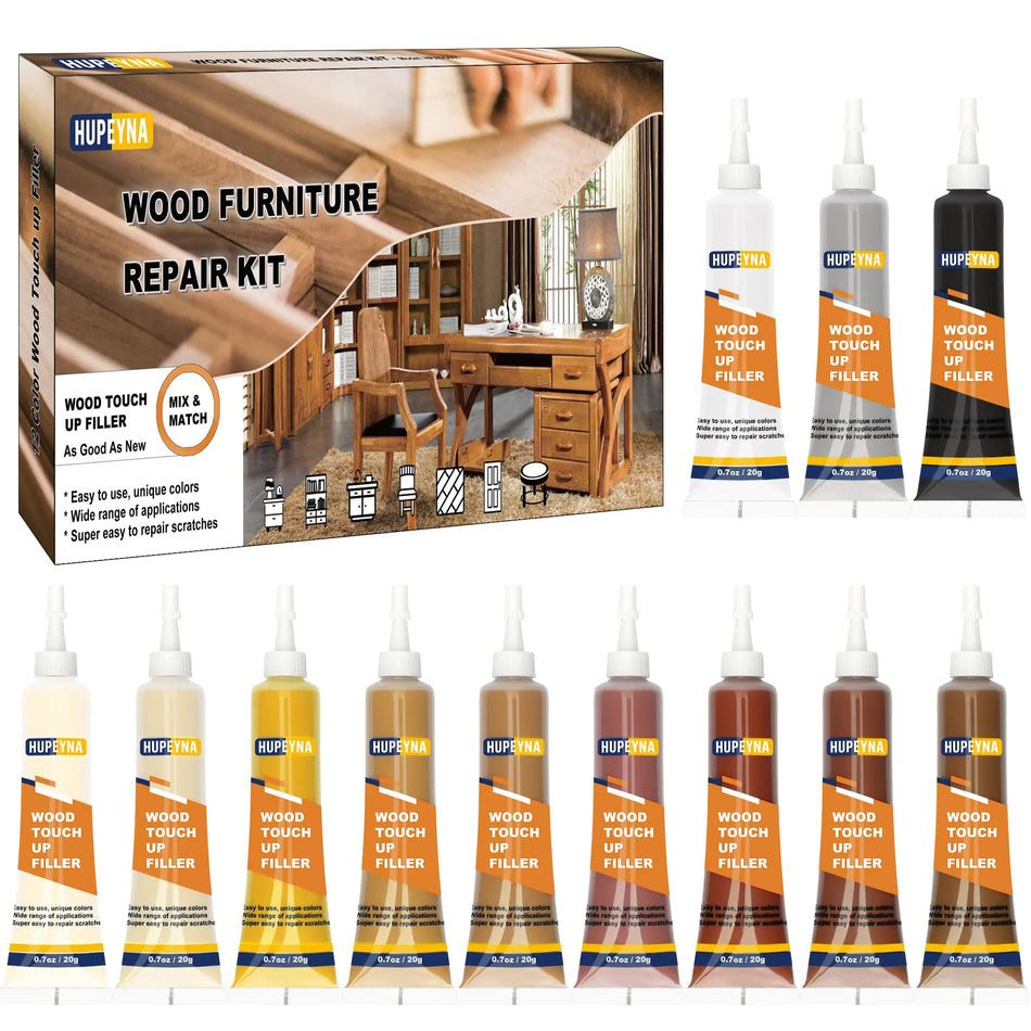 Hupeyna Wood Furniture Repair Kit 12 Colors Wood Repair Kit Wood Touch up Fillers Repair Scratch Cracks Discoloration for Wooden Cabinet Floor Door Table Surfaces Wood Filler Paint