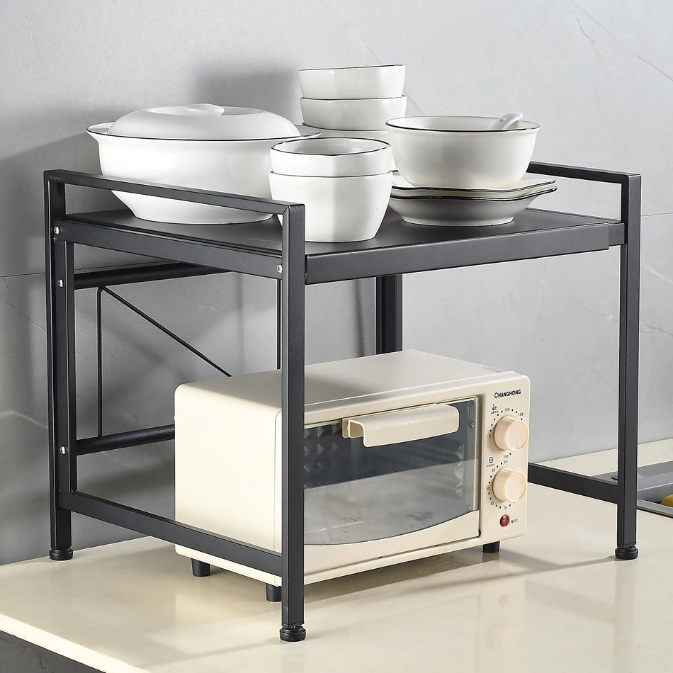 ECHLI Expandable Microwave Shelf 2 Tier Microwave Stand Microwave Shelf StandMicrowave Oven RackBakers RackKitchen Countertop Organizer Shelves90 lbs Weight Capacity (Square 34cm Wide Black)